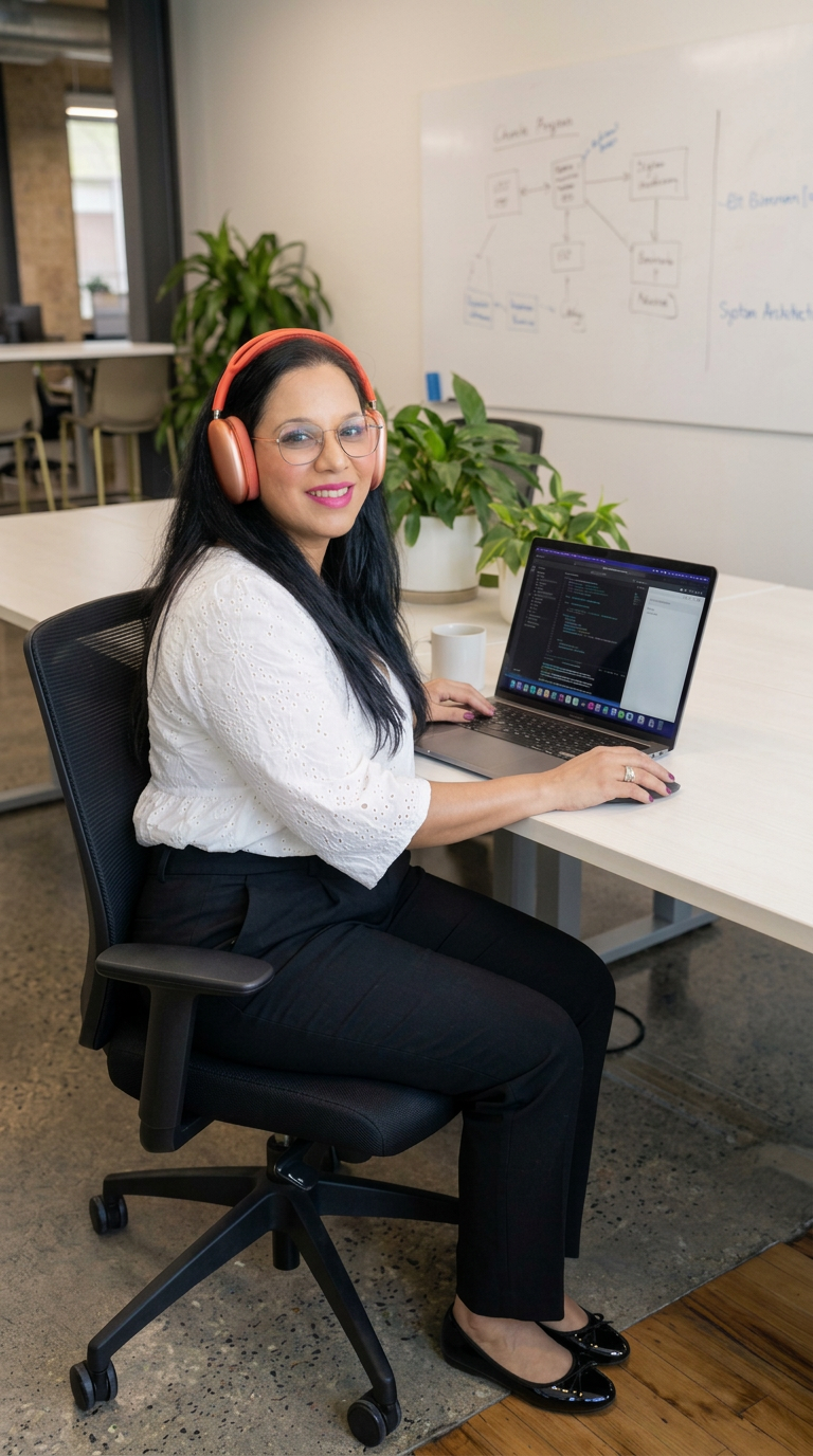 Vivian sorrindo, de fones coral e óculos, trabalhando em seu notebook em um escritório moderno